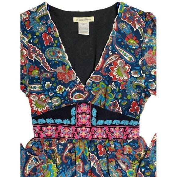 Flying‎ Tomato Blue Paisley Print Embroidered V Neck Long Sleeve Dress Sz Small - Picture 8 of 9